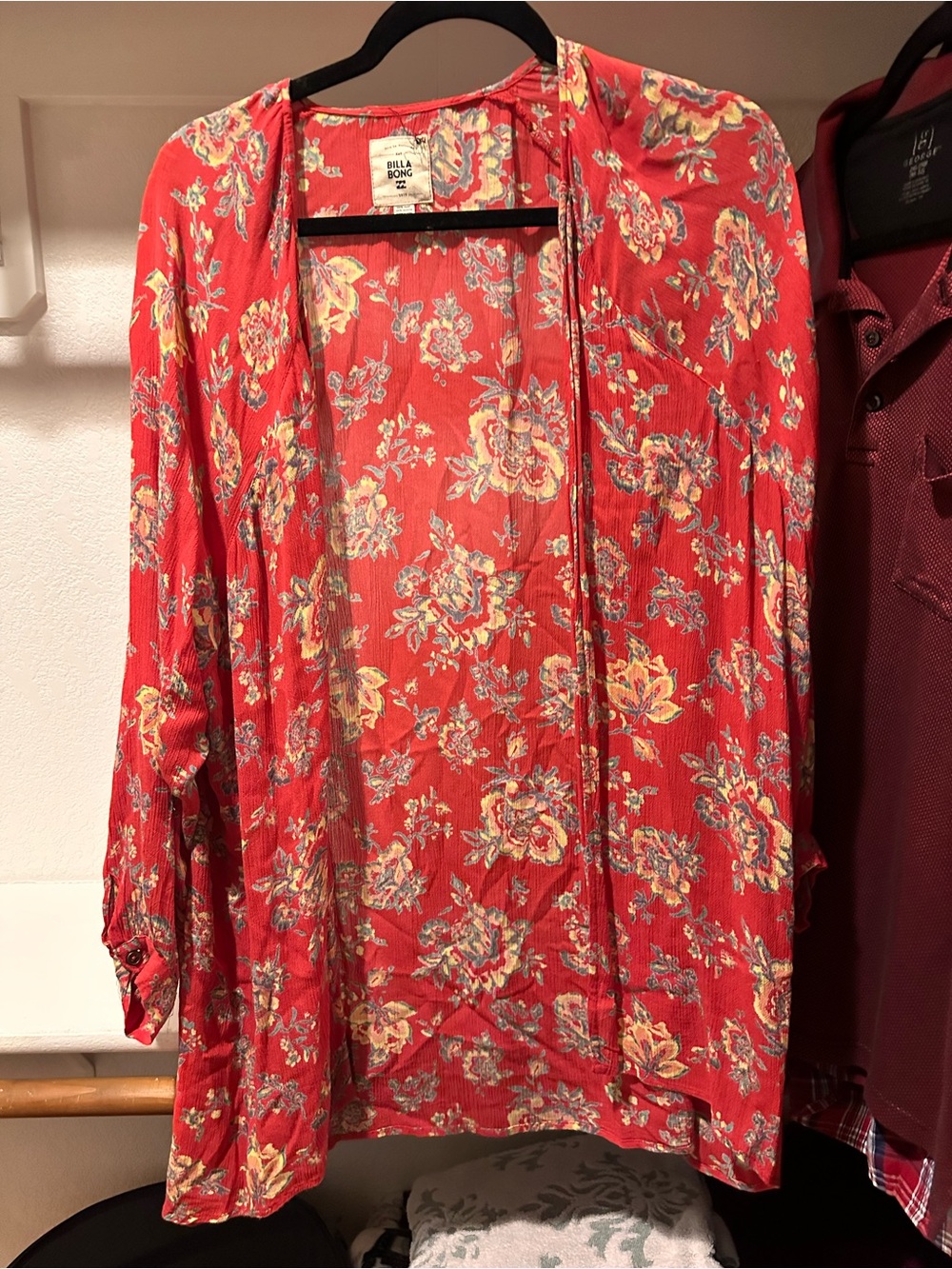 Billabong Red Floral Open-Front Kimono Jacket